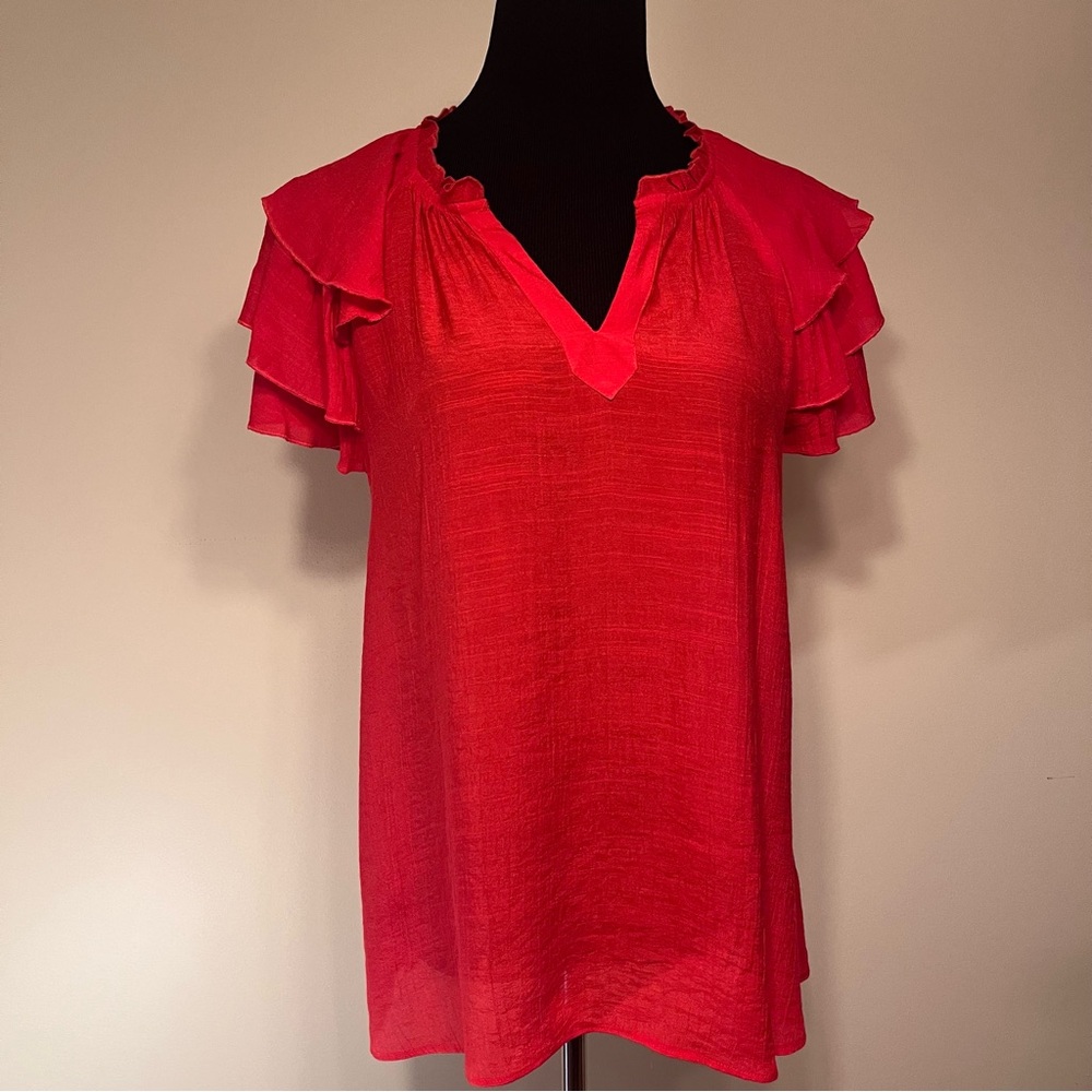 Nanette Lepore Red Flutter Sleeve Blouse with Ruffled Short Sleeves
